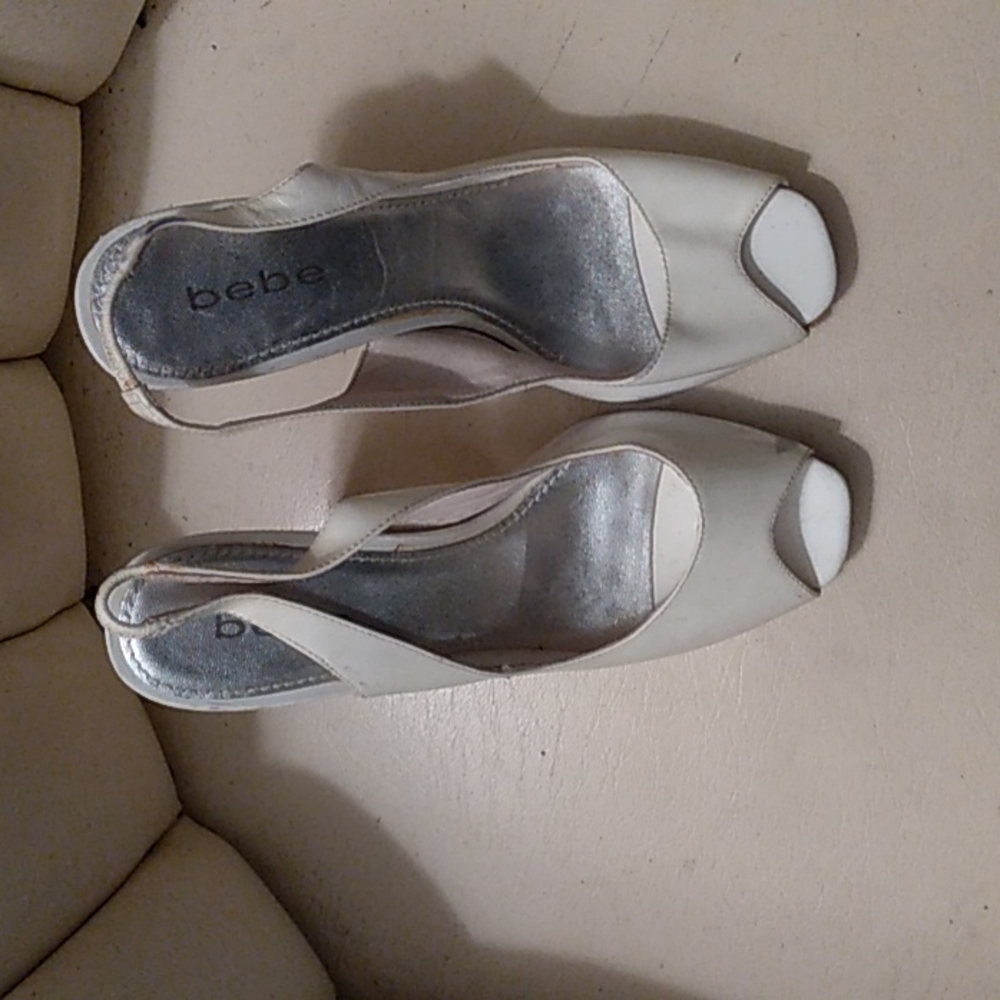 Womens white patent leather peep toe slingback pumps by bebe